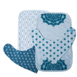 Load image into Gallery viewer, Blue baby burp cloth with diamonds, baby burp cloth with mandala print, blue baby bandana bib with heart print, and blue baby bandana bib with lotus flower print