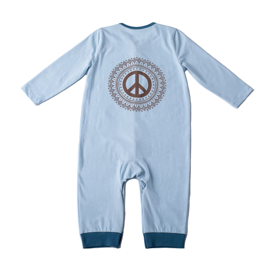 Blue baby boy long sleeve one piece with peace sign print