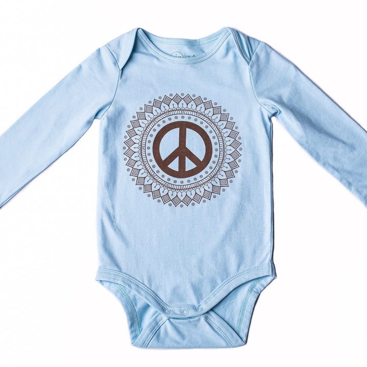 Long sleeve baby onesie with peace sign print
