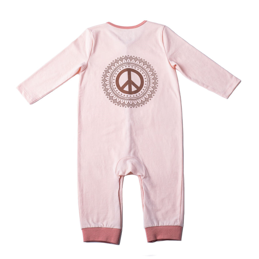 Pink long sleeve one piece with peace sign print
