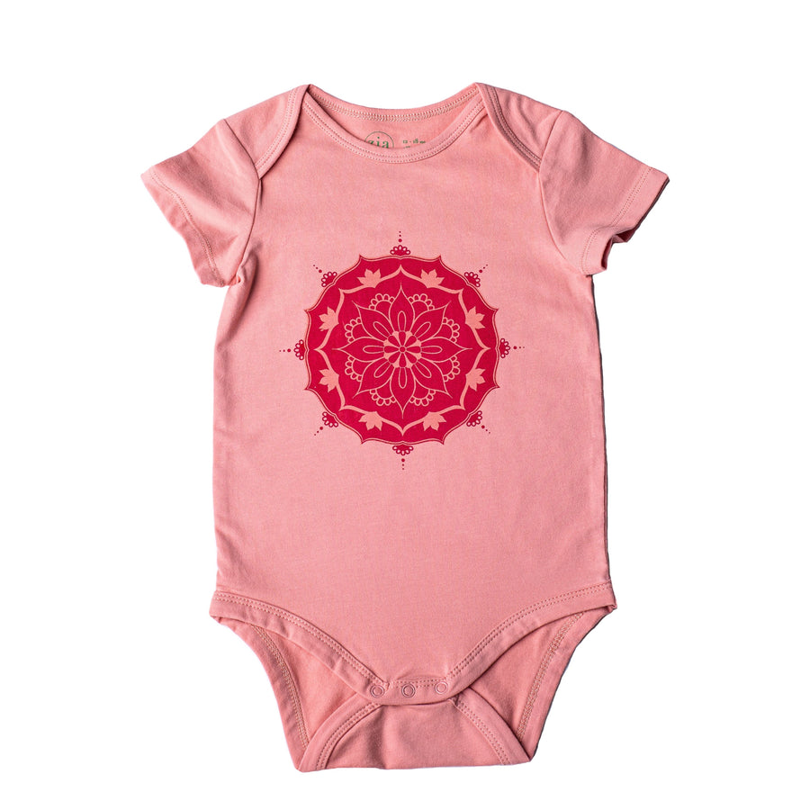 Pink short sleeve baby onesie with mandala print