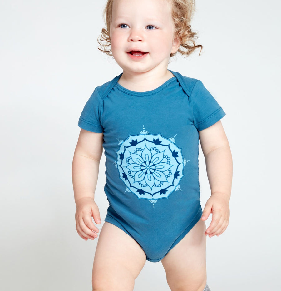 Blue short sleeve baby onesie with mandala print