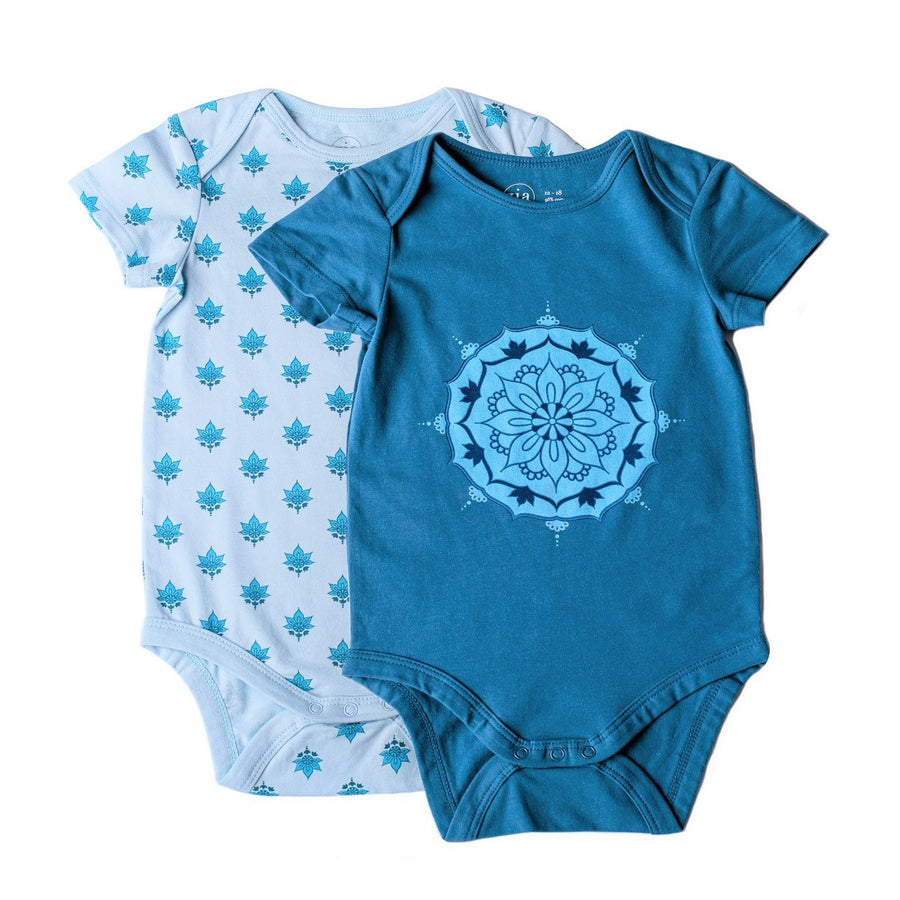 Blue short sleeve baby onesie with lotus flower print and short sleeve onesie with mandala print