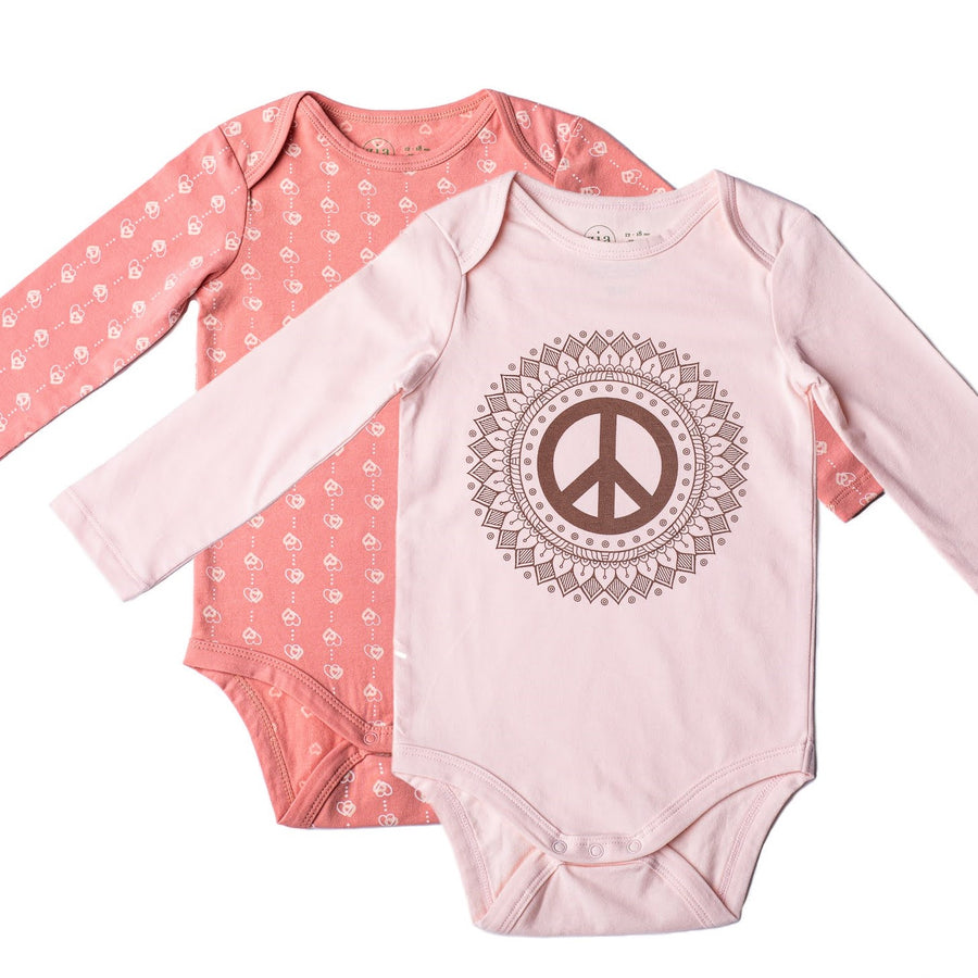 Pink long sleeve baby onesie with small heart print and pink long sleeve baby onesie with peace sigh print
